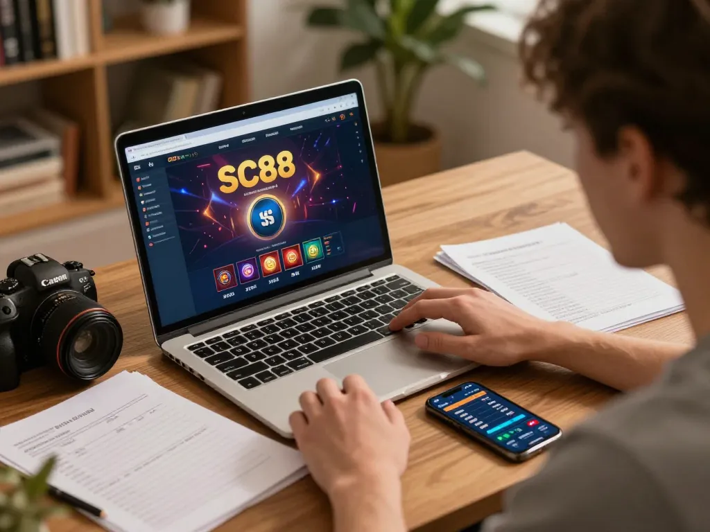 Person engages with sc88 casino app on laptop, illustrating immersive online gambling experience.
