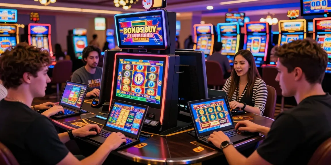Engaged players enjoying bonus buy slots in a vibrant online casino atmosphere.