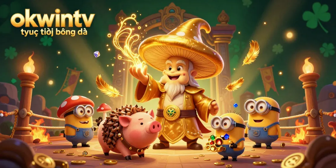 Bet and enjoy dynamic matches on okwintv trực tiếp bóng đá with vibrant illustration of golden wizard and treasures.