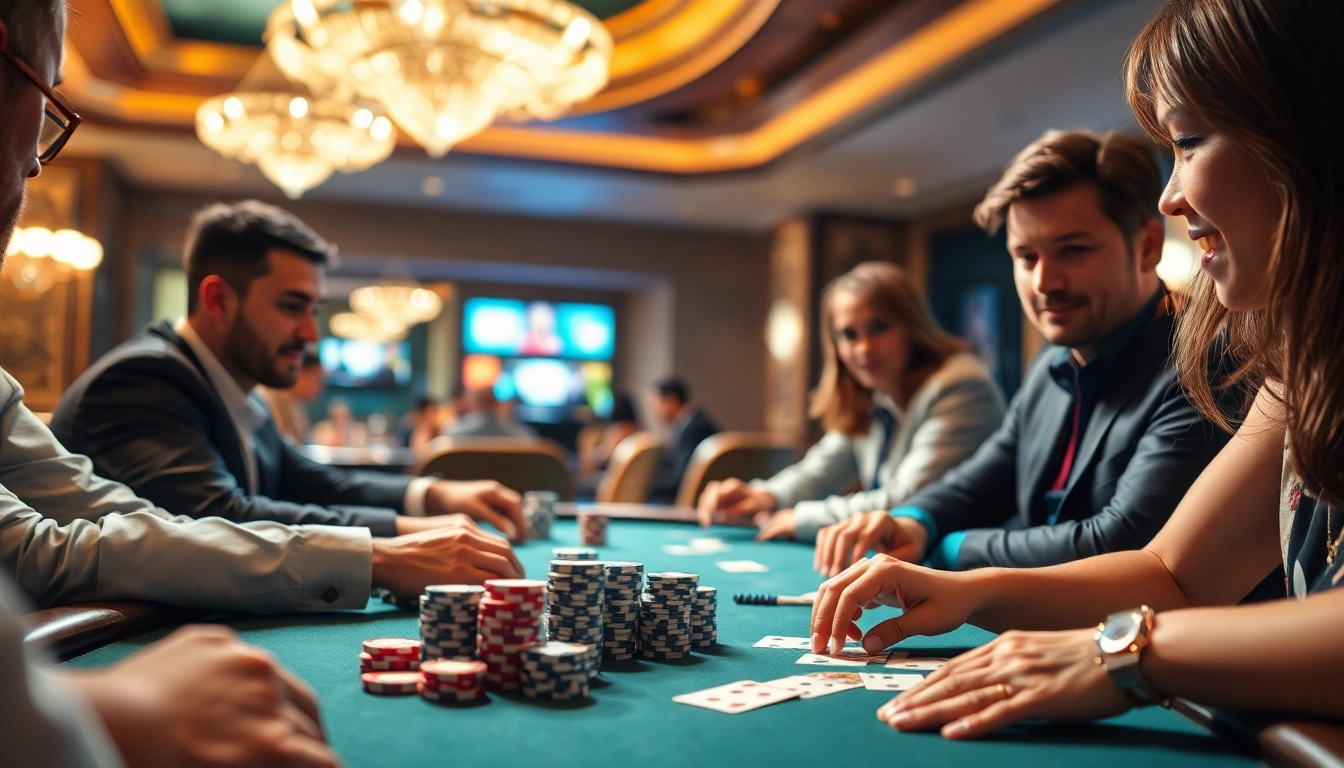 arushoki menampilkan pemain yang terlibat di meja poker dengan chip dan kartu yang berkilau.