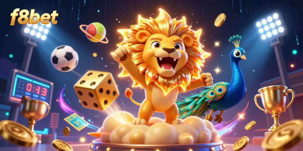 Engage in thrilling gameplay with f8bet’s dynamic sports and casino elements showcased in vibrant 3D illustration.