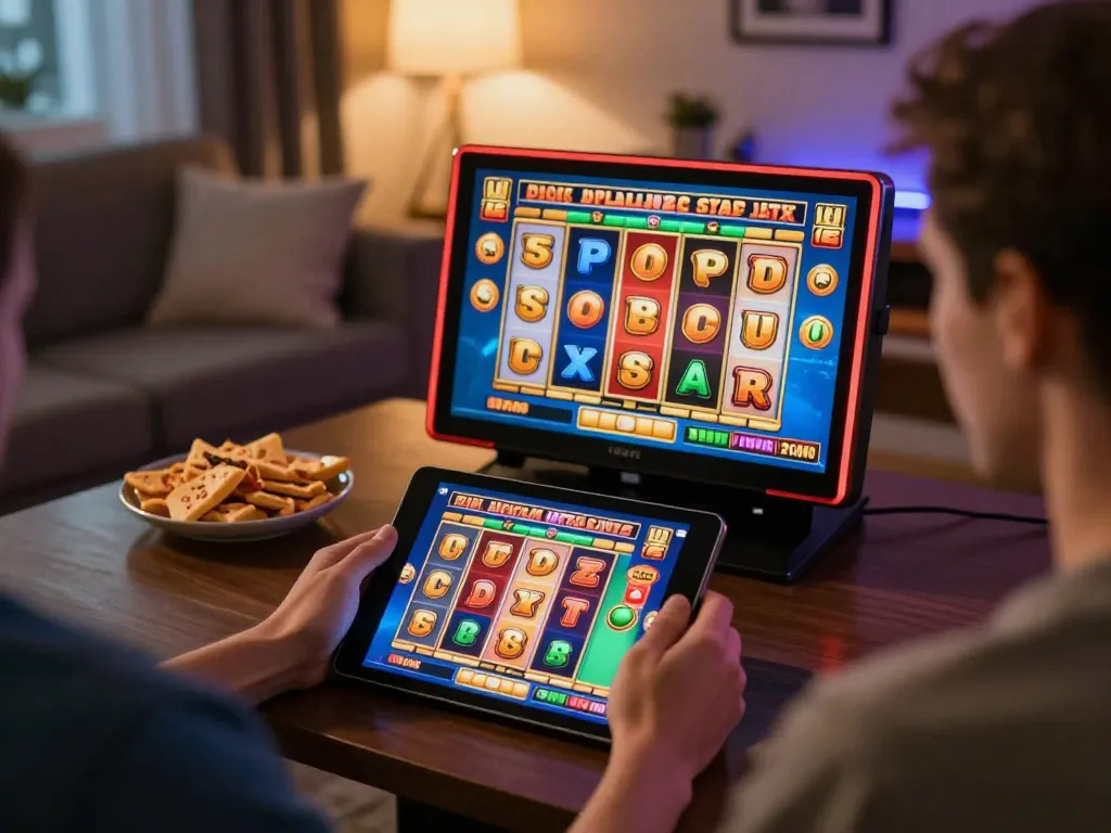 Player enjoying online slots on a tablet, creating a sc88 gaming experience at home.
