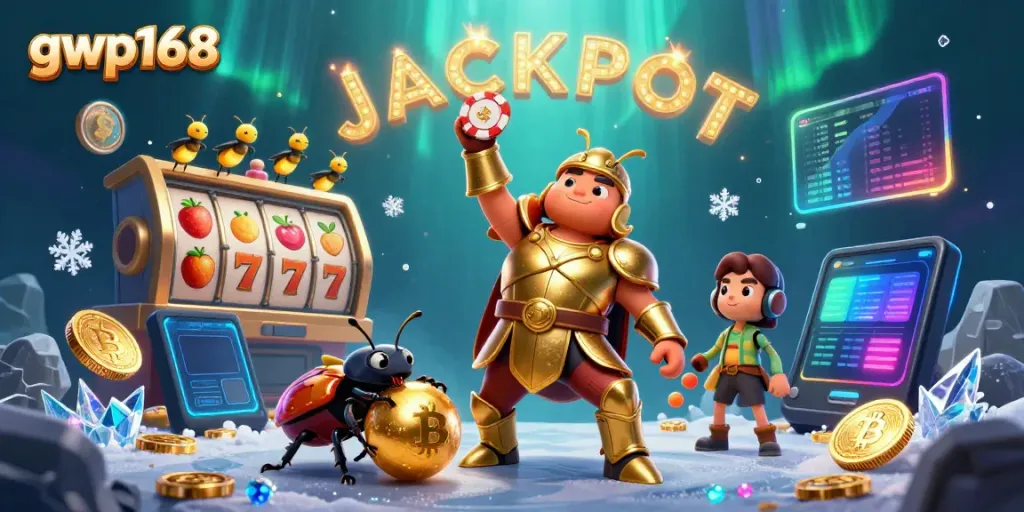 Permainan gwp168 dengan jackpot, simbol buah dan koin kripto bersinar untuk pengalaman iGaming.