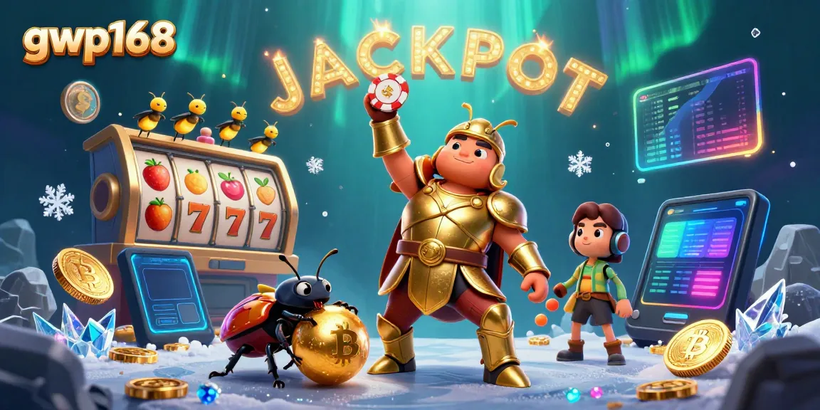 Permainan gwp168 dengan jackpot, simbol buah dan koin kripto bersinar untuk pengalaman iGaming.