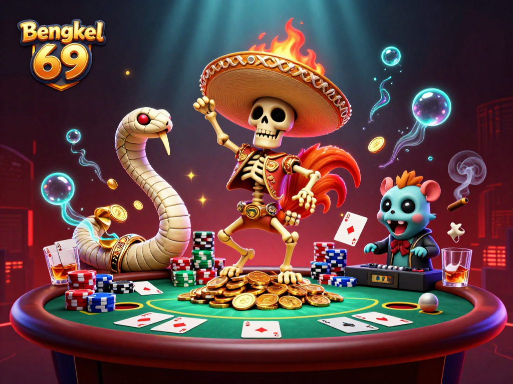Bengkel 69 bursts with energy as a mariachi rooster celebrates atop golden coins at a vibrant casino scene.