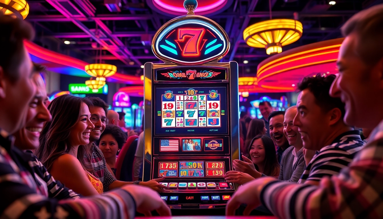 Permainan Slot Game menarik dengan pemain bahagia di mesin slot yang cerah.