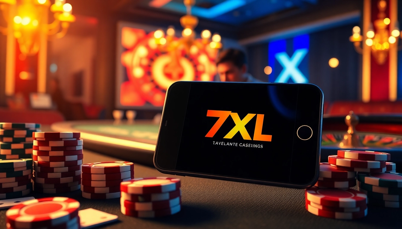 התרגשות הורדת 7XL: סמארטפון המציג את האפליקציה מול אלמנטים של קזינו צבעוניים