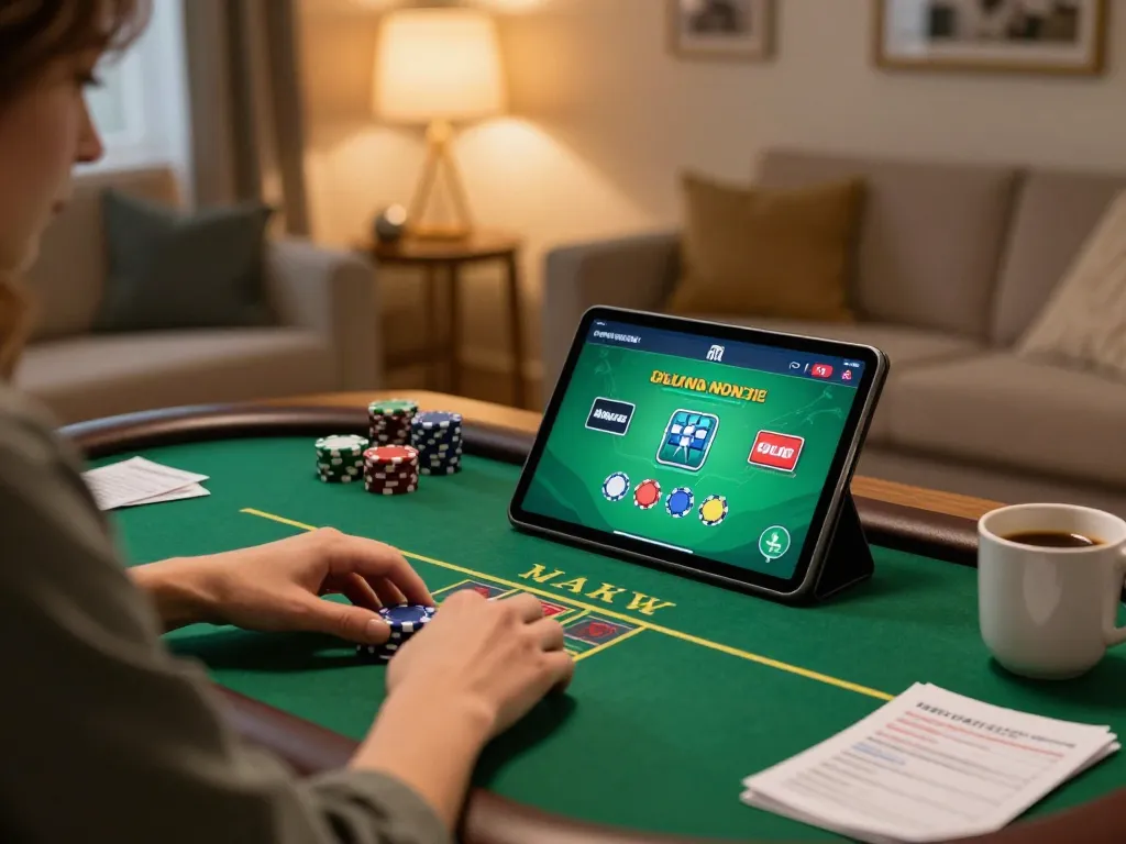 Enjoy poker game online with god55 on a tablet in a cozy home setting featuring chips and notes.