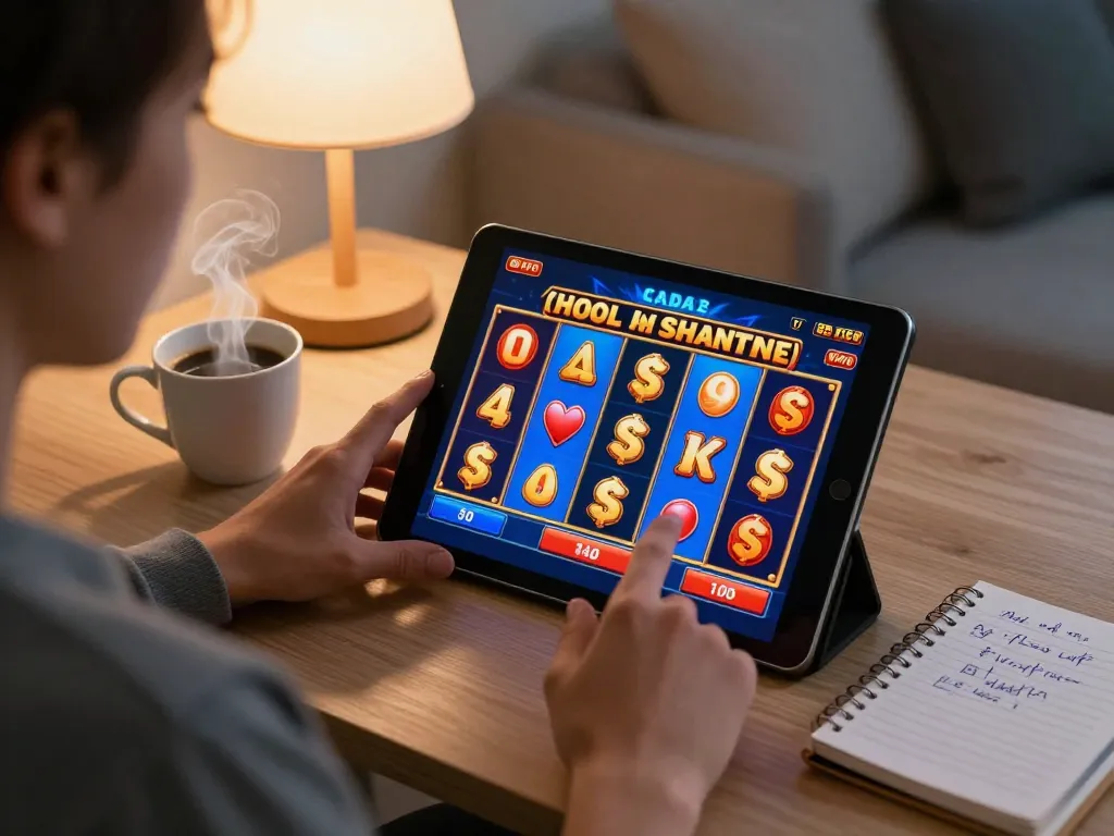 Engaging home gaming moment with Rik vip slot game on tablet, capturing strategic excitement.