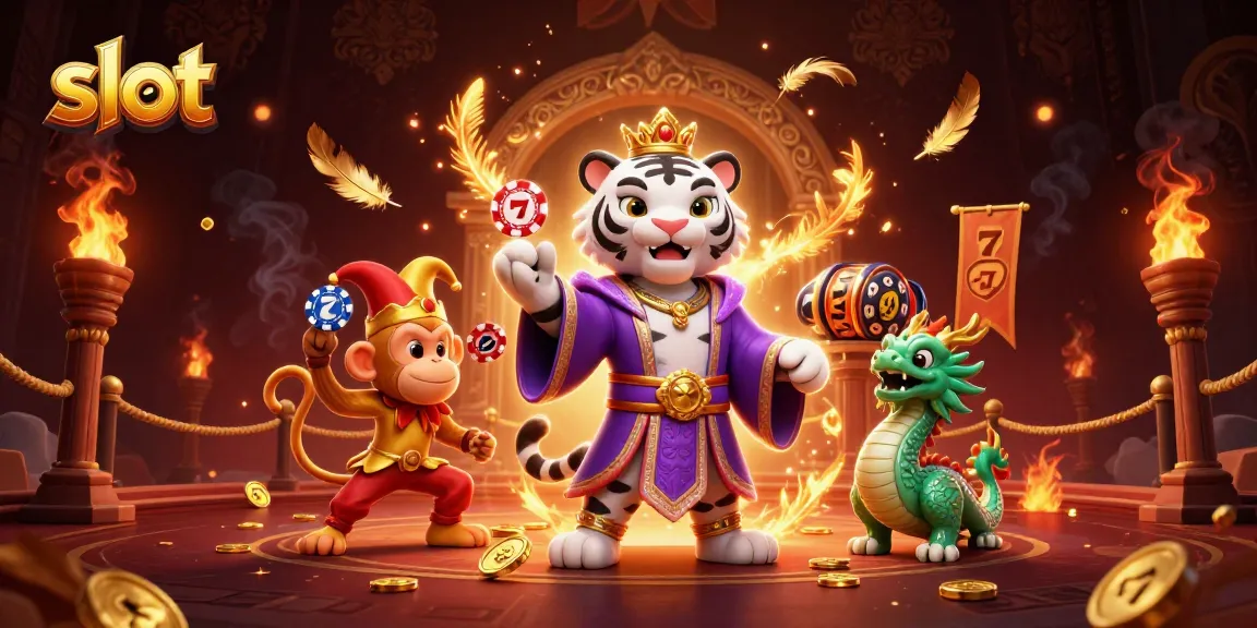Spin the slot reels with a vibrant, playful 3D tiger, monkey, and dragon in a lively casino scene