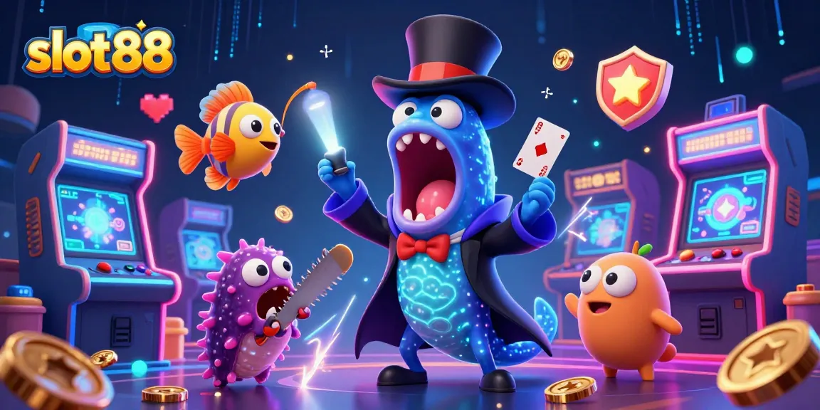 Spin the reels of slot88 with bioluminescent creatures showcasing magic tricks in an engaging casino scene.