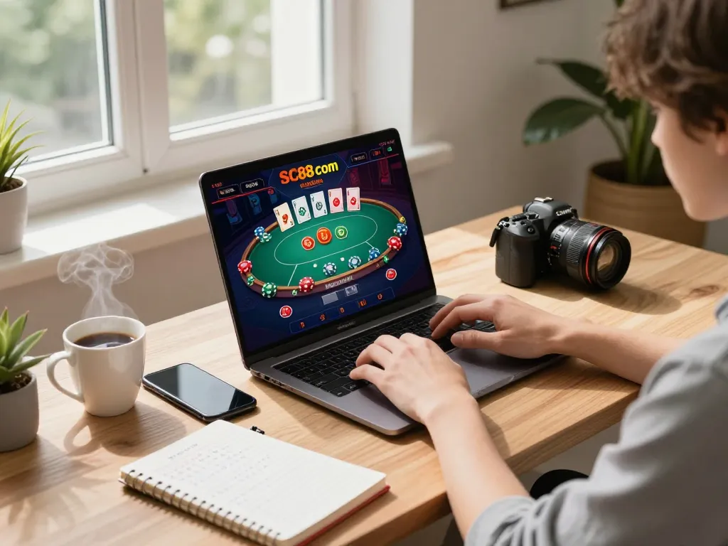 Engaging online gambling session at sc88 com with player using laptop, showing dynamic casino interface.