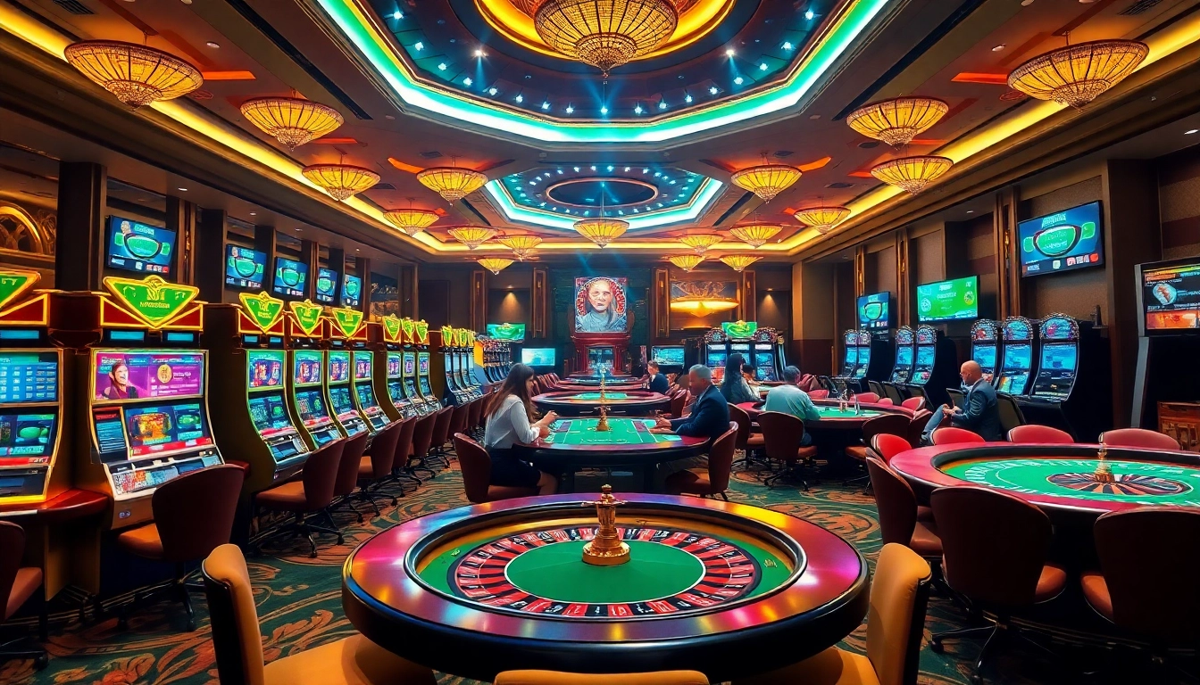 Experience thrilling gaming at trang chủ rr88 with luxurious casino elements including poker tables and vibrant slot machines.