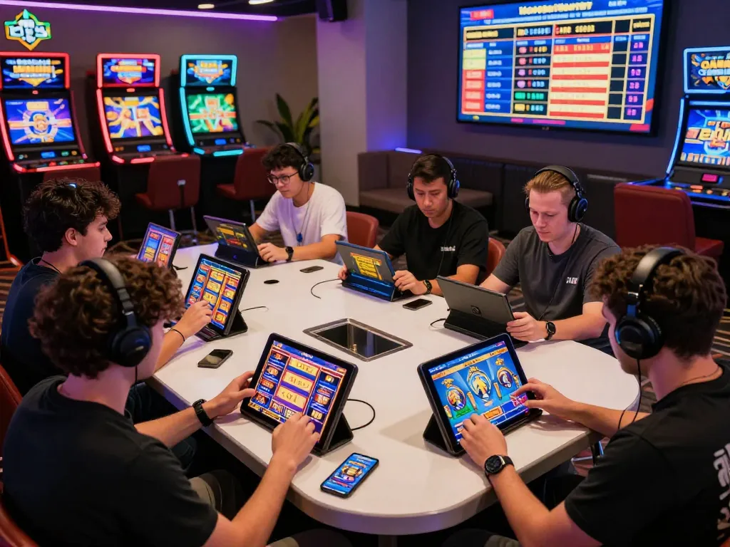 Pemain menikmati permainan slot demo di ruang perjudian online yang ramai, menampilkan slot berwarna-warni dan interaksi yang hidup.