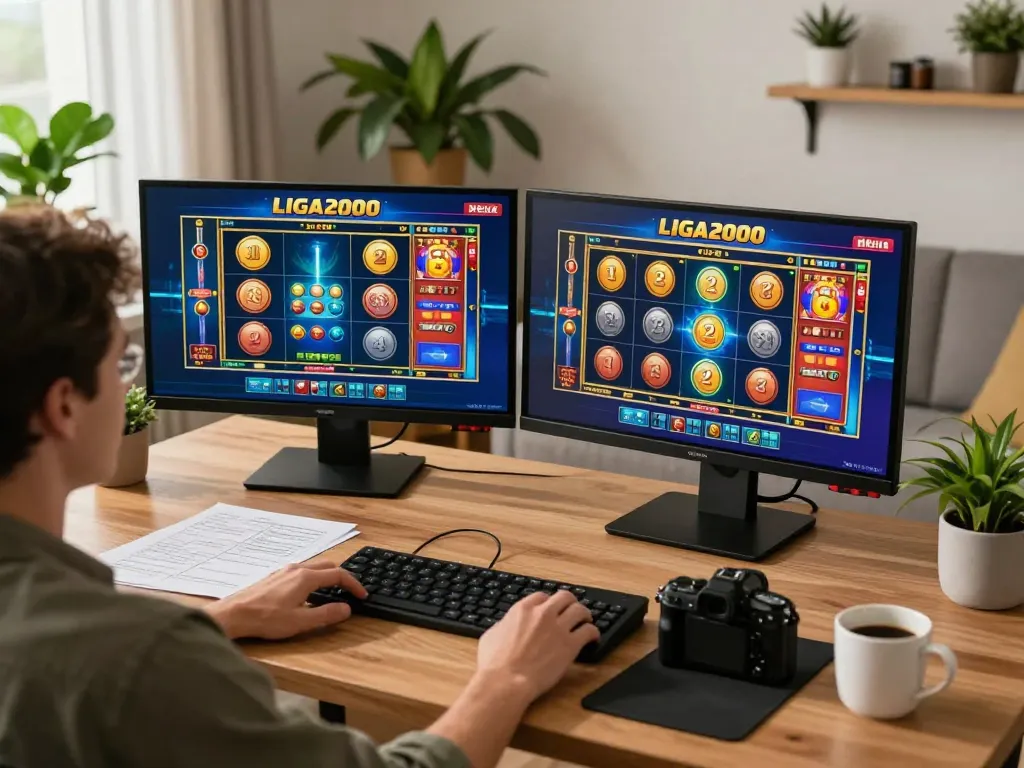 LIGA2000 slot games in action during a dynamic online gambling session at home.