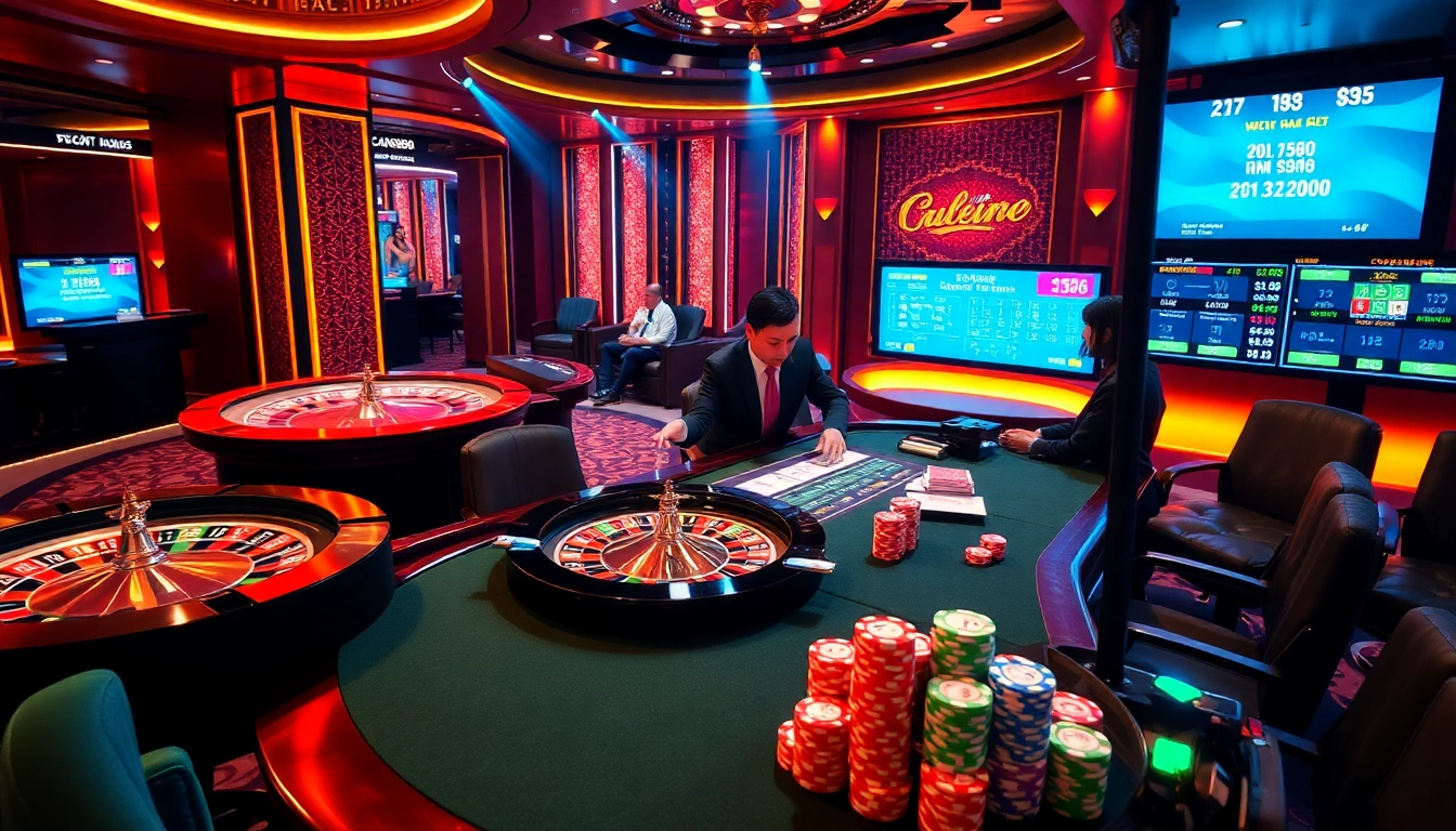 Experience the thrill of NHÀ CÁI MM88 with a vibrant casino scene showcasing a gaming table and roulette wheel.