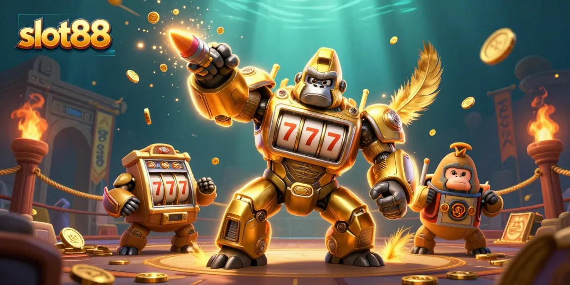Slot88 menampilkan gorila emas mekanik dan simbol jackpot, meningkatkan peluang menang kasino.