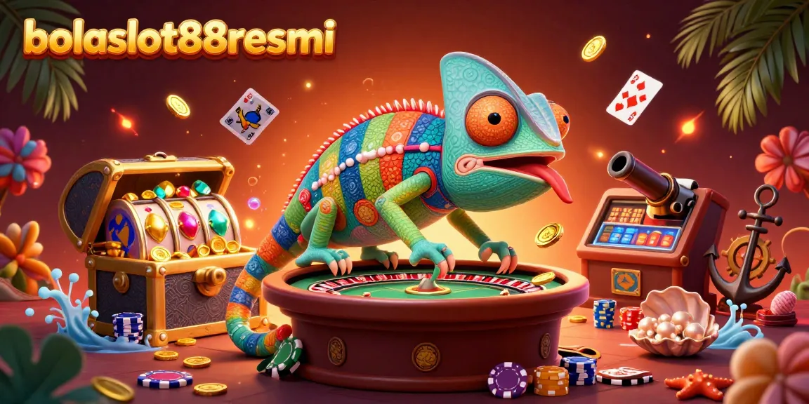Engage with the vibrant bolaslot88resmi casino scene featuring a chameleon owner collecting golden coins among game elements.