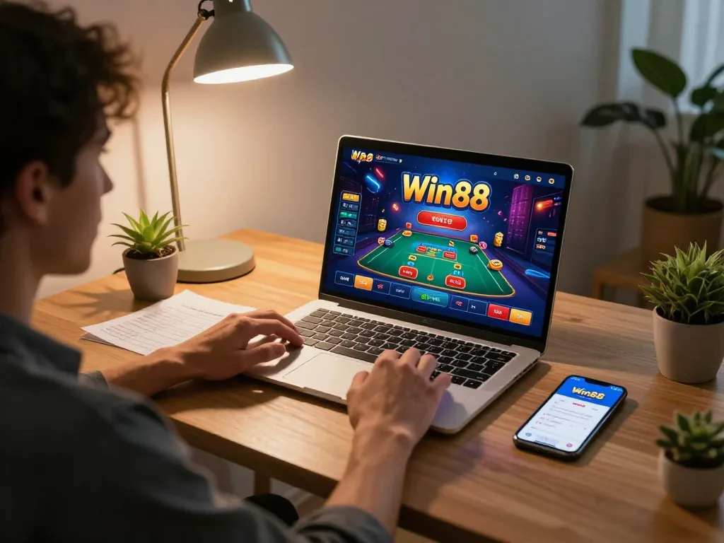 Gamer strategizing on Win88 online gaming platform in a cozy home setting.