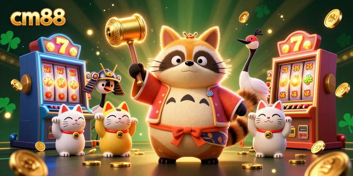 Win big with cm88's cheerful tanuki holding a golden mallet amidst slot machines and fortune cats.