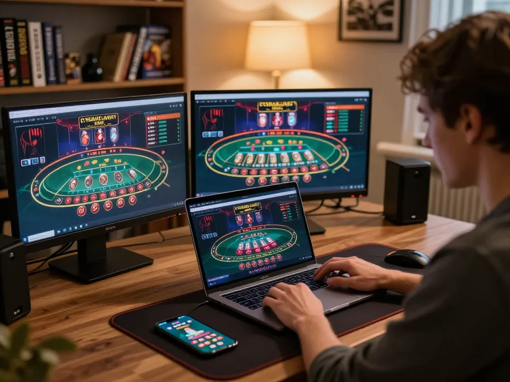Engaging online gameplay at f8betlv with a player immersed in live casino action on their laptop