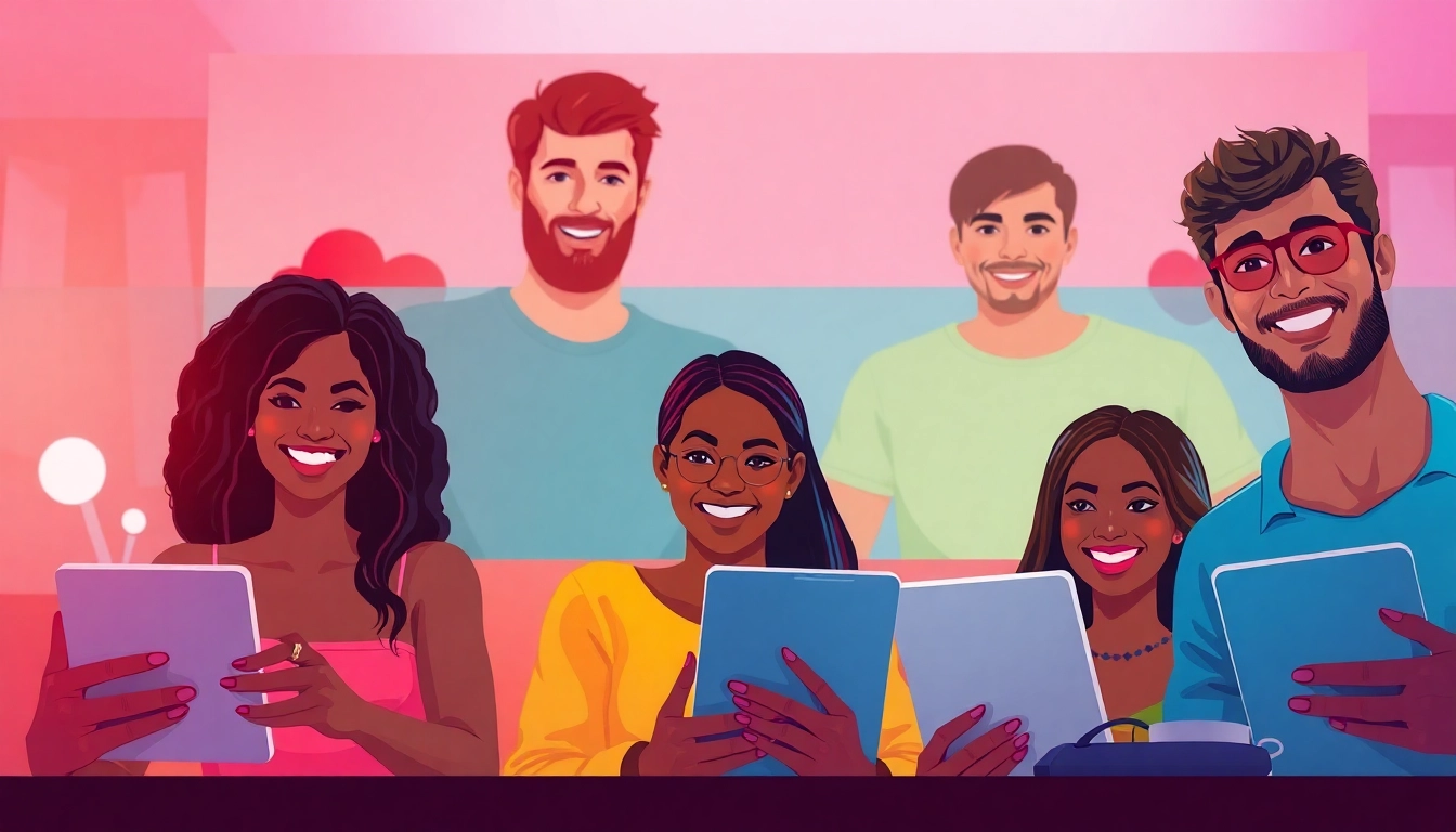 Engaging scene of diverse individuals happily participating in sex chat online, showcasing inclusivity and excitement.
