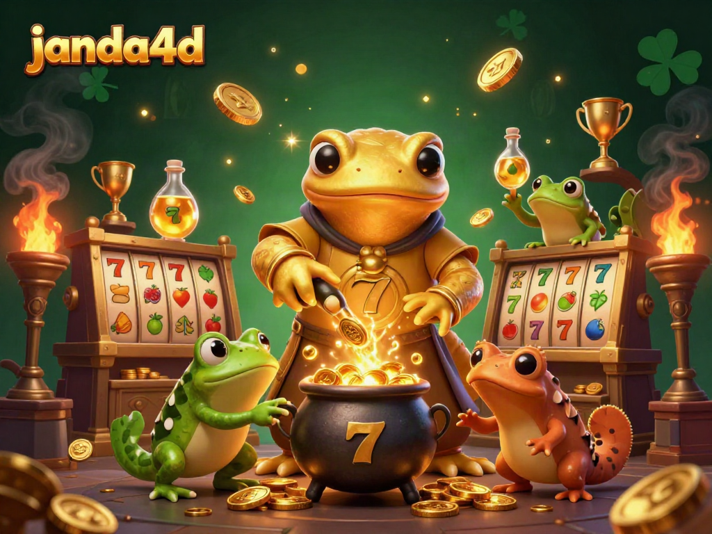 Janda4D menampilkan ilustrasi sulap alkimia slot online dengan karakter berwarna dan elemen emas yang kaya.