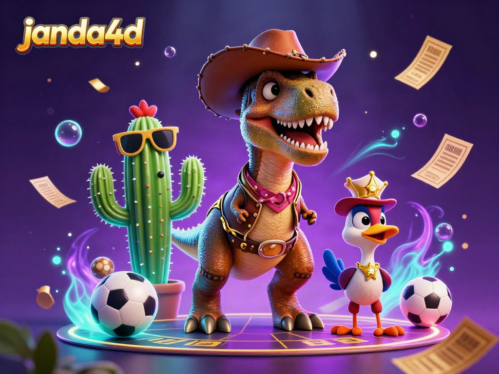 Taruhan olahraga janda4d dengan dinosaurus cowboy kartun, kaktus, dan burung road runner.