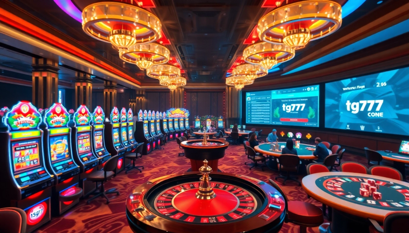 A dynamic scene of online gaming at https://tg777.one/, featuring vibrant slot machines and poker tables.