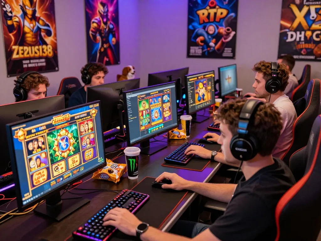 Gamers enjoying the Zeus138 online gaming experience with colorful displays and energetic atmosphere.