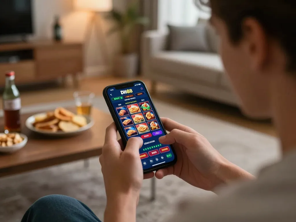 Player engaging with the DH88 app on smartphone, enjoying a strategic online gambling experience at home