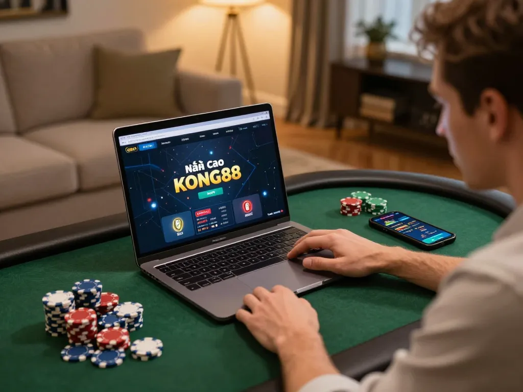 Engaged player utilizing Nhà cái KONG88 for online gambling strategy amidst a cozy home setup