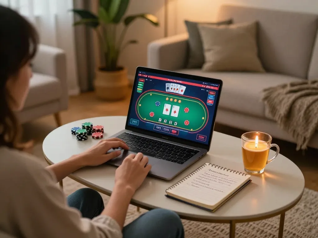 Engaging in online poker gaming with link vào gg88 on a laptop in a cozy living room setting.