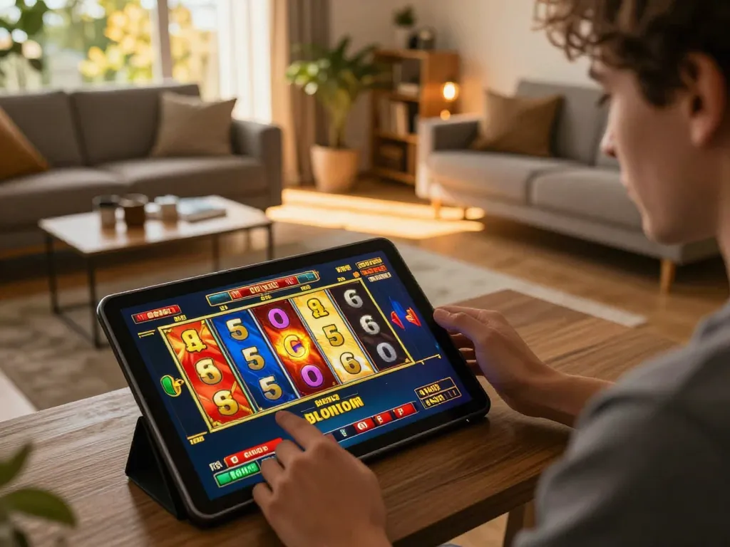 Player enjoying AZTEC888 slot games on a tablet in a cozy home gaming setup