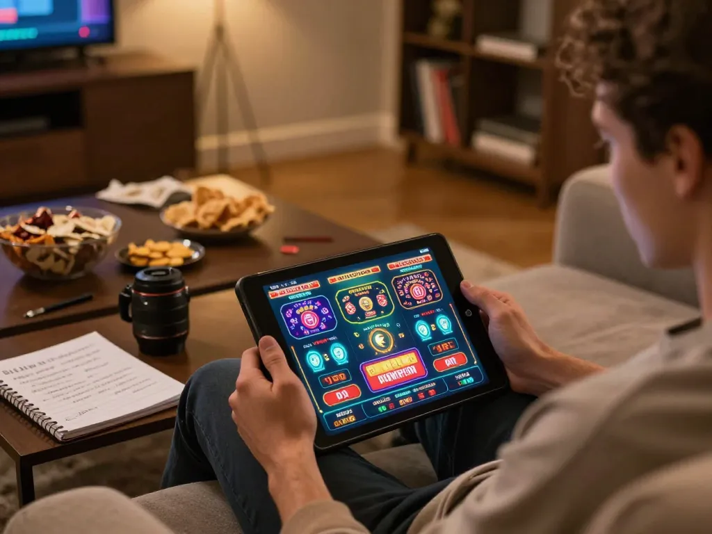 Engaging online gaming scene with a relaxed player using go8 platform on a tablet amidst strategic notes.