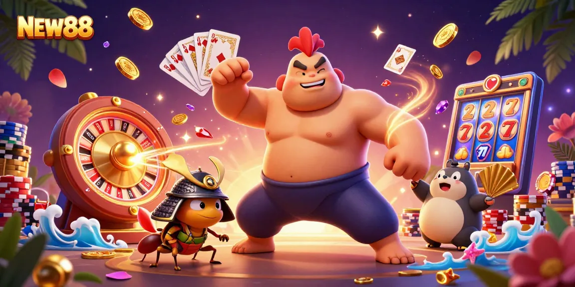Experience the excitement of NEW88 with a dynamic illustration featuring cartoon characters and classic casino elements.