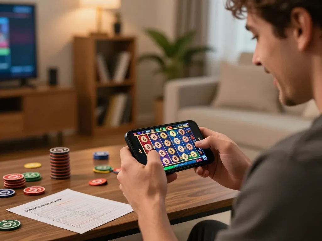 Excited player winning at Canadian online casinos while using smartphone in a cozy home.