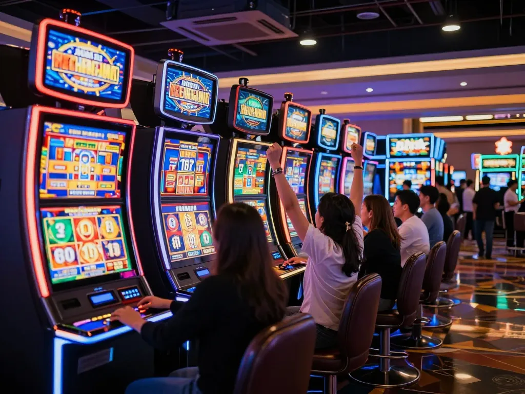 Players enjoying slot88 machines and celebrating wins in a lively casino
