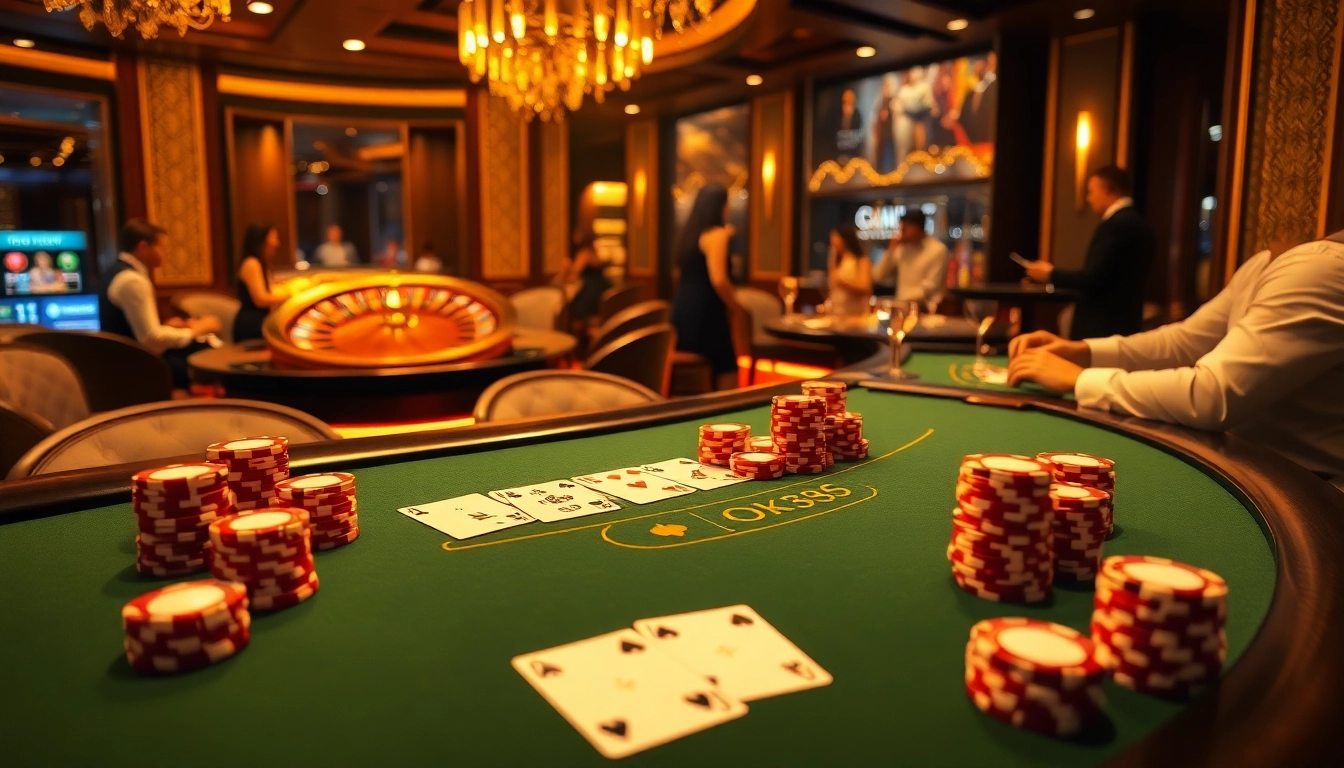 Experience the excitement of OK8386 at a luxurious casino with a blackjack table and vibrant poker chips.