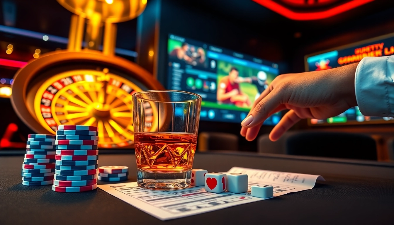 Strategic juraganbola betting action with vibrant poker chips and live roulette wheel in a luxury casino setting