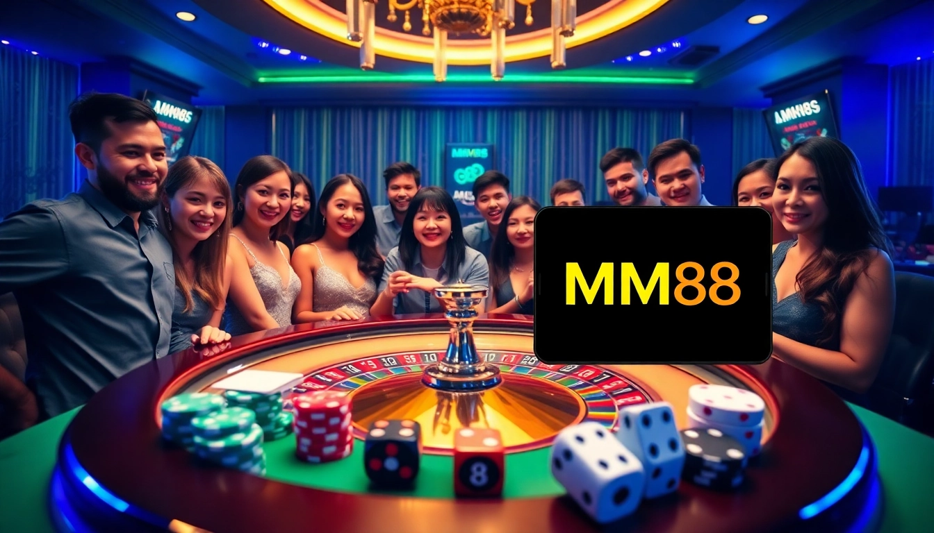 Players enjoying a thrilling game at MM88's online casino, showcasing poker chips and roulette.