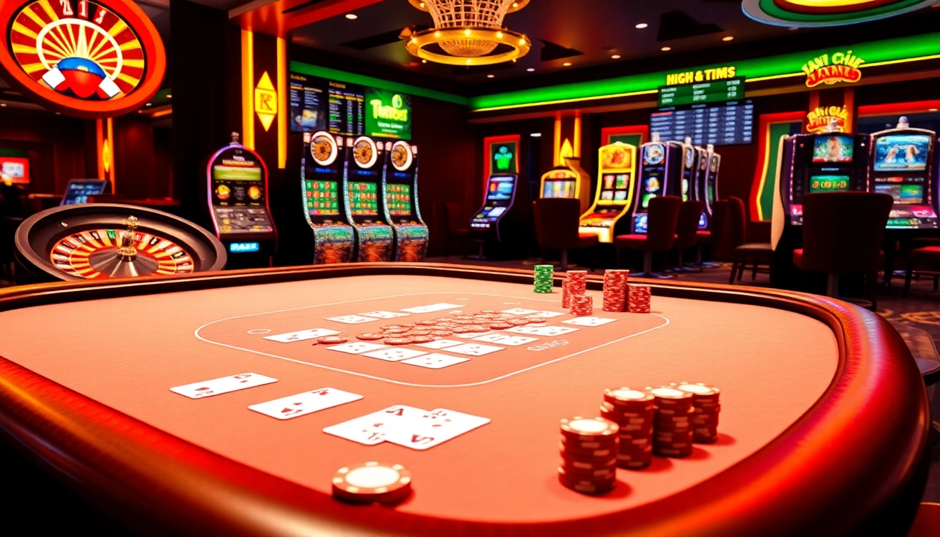 Experience the excitement of gambling at Trang chủ Thabet with a vibrant casino scene showcasing poker and roulette games.
