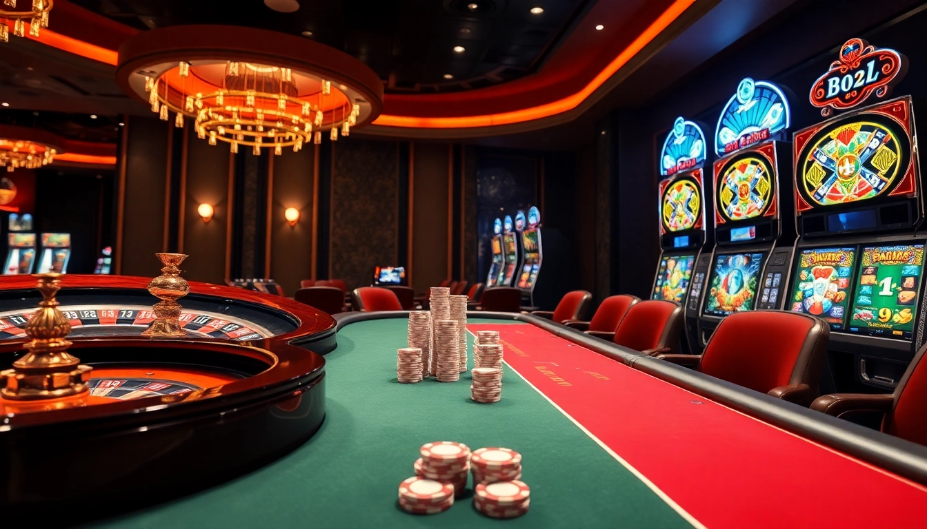 Betting excitement at https://www.6slots8.com/ with vibrant slot machines and poker tables.