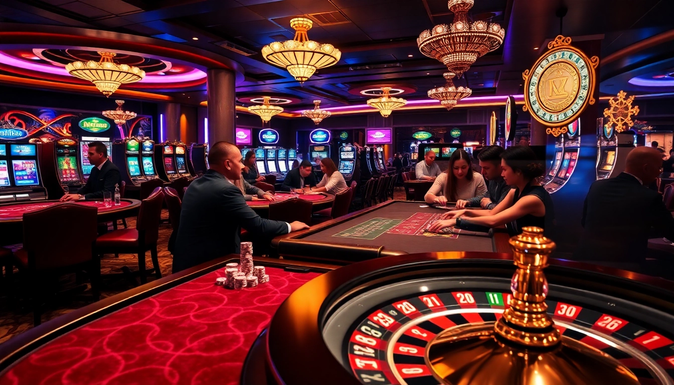 KJC Gaming ambiance with players at luxurious casino tables and vibrant slot machines.
