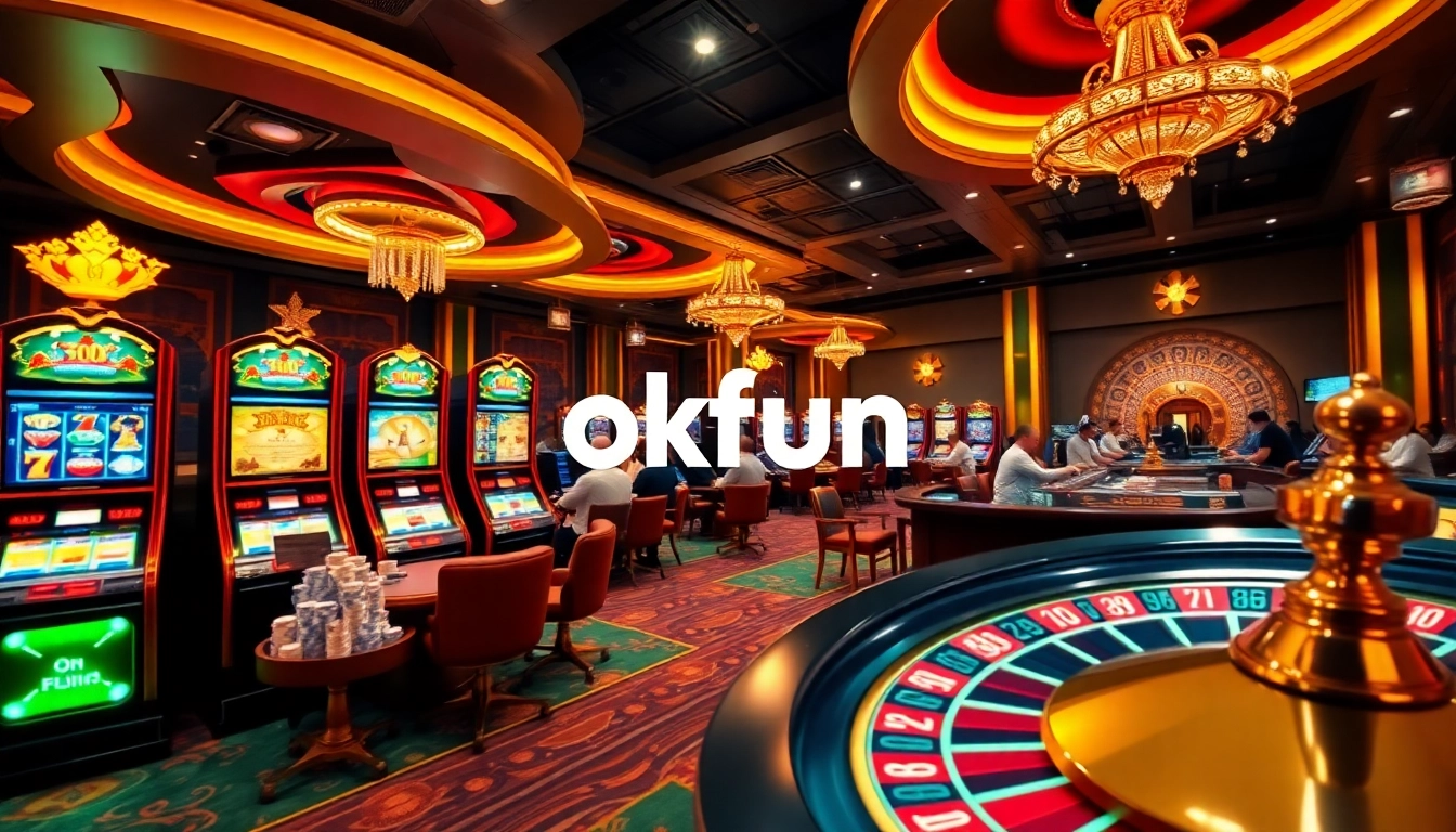 Experience thrilling casino action with Okfun's vibrant online gambling interface featuring poker chips and slot machines.