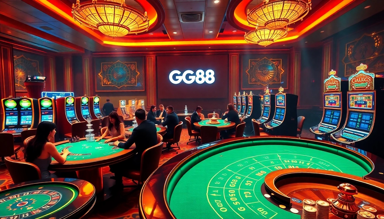 Players engage passionately at casino tables featuring the GG88 brand, showcasing excitement and strategy.