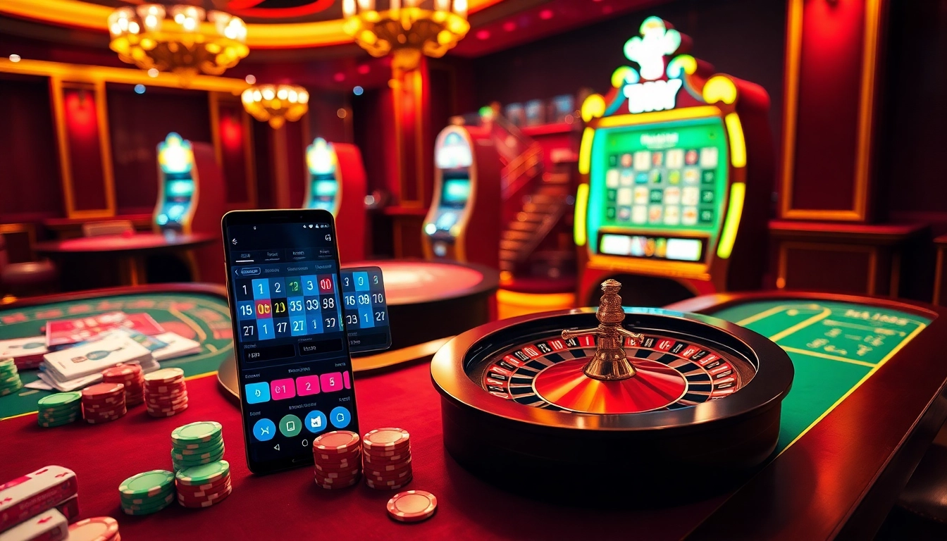 S8 gaming excitement with vibrant casino tables, poker chips, and luxury slot machines.