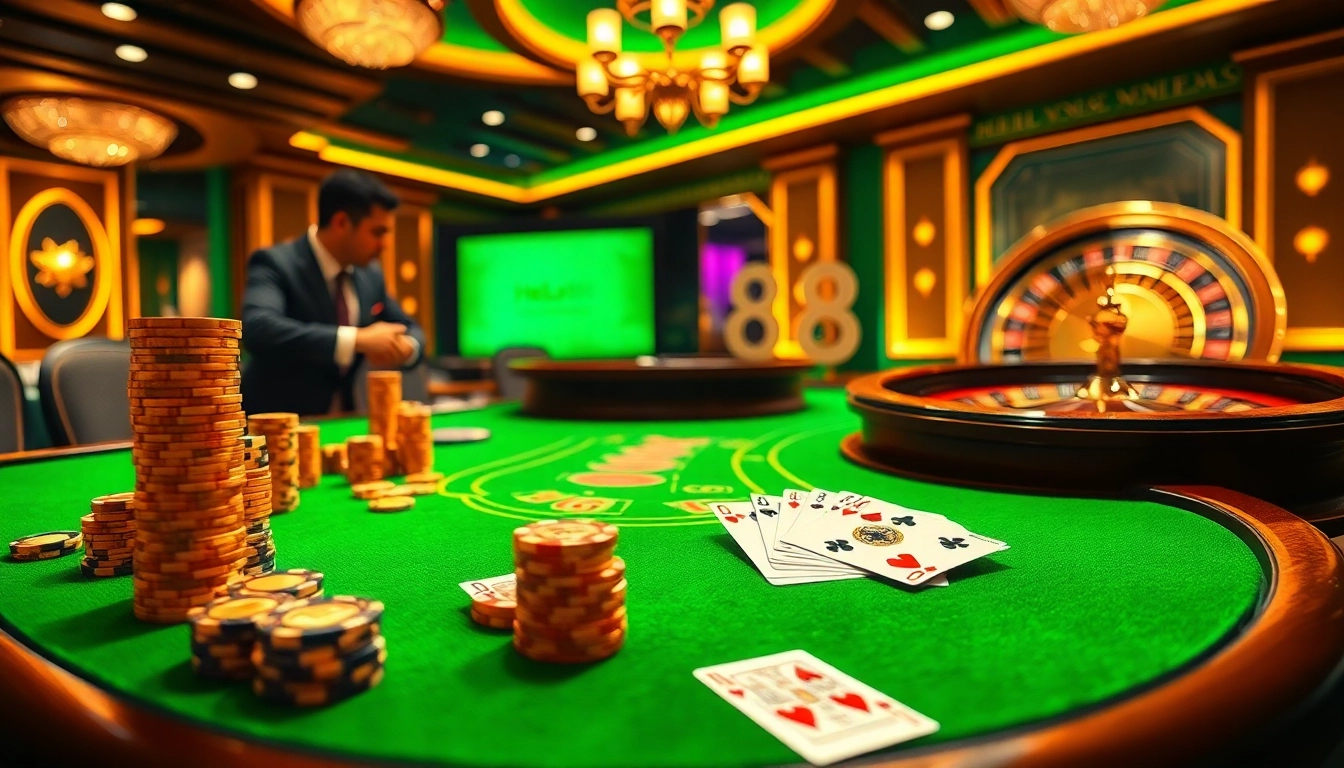 Experience the thrill of gambling at Hello88's vibrant casino table with poker chips and cards.