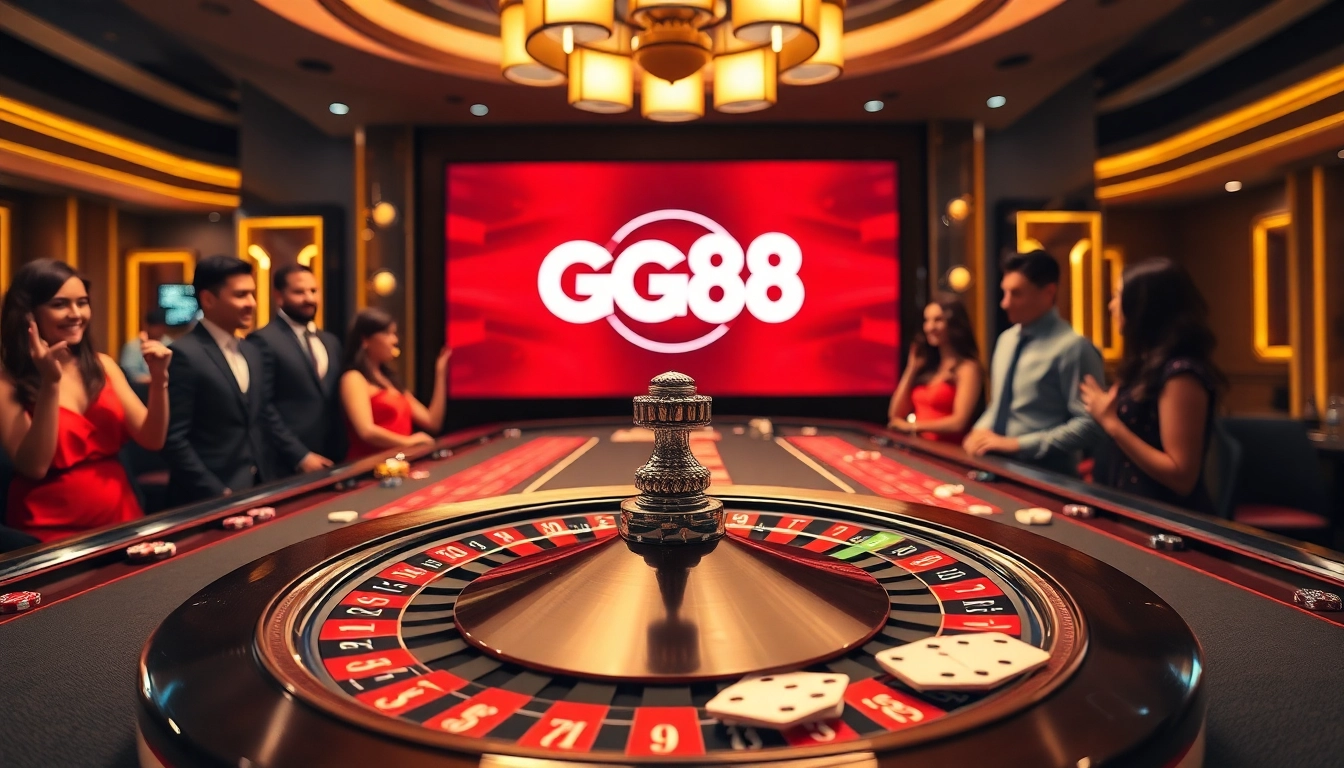 Dynamic casino scene showcasing players enjoying GG88 betting on a roulette wheel.