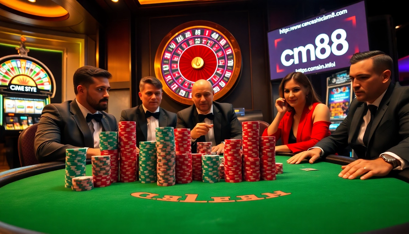 Players enjoying a thrilling poker game at https://cm88.info/ in a luxury casino setting.